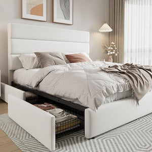 Queen Platform Bed Frame with Storage Drawers & Velvet Headboard
