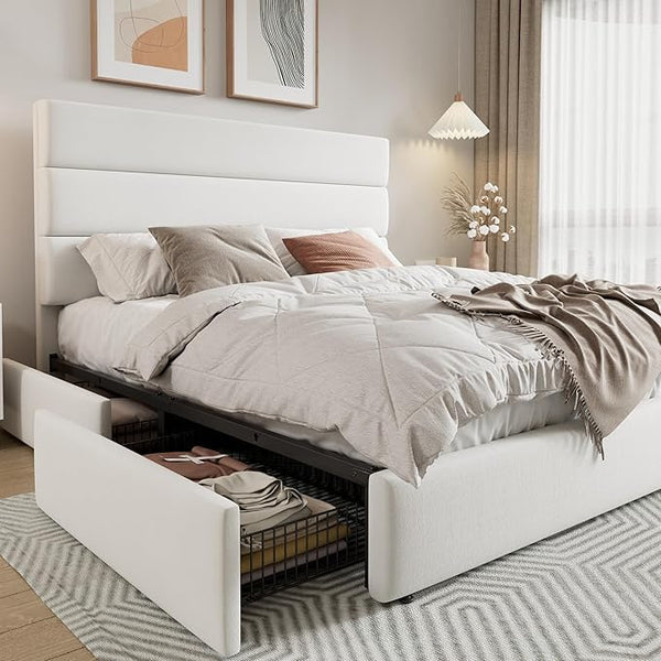 Queen Platform Bed Frame with Storage Drawers & Velvet Headboard