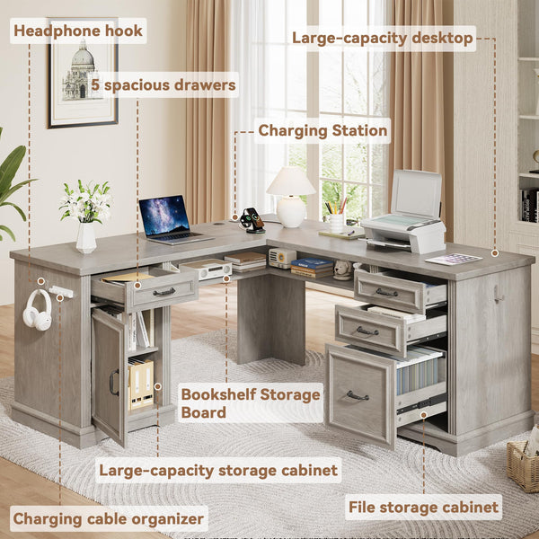 L-Shaped Farmhouse Executive Desk with Drawers & Charging Station