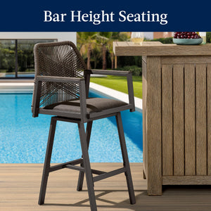 Outdoor Bar Stools Set of 2 – 360° Swivel, Aluminum Frame, Woven Rope, Armrests