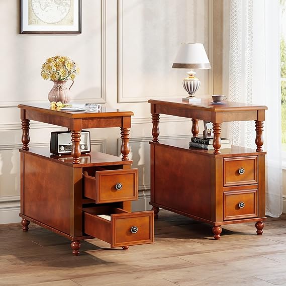 Wood End Table with 2 Drawers and Storage Shelf