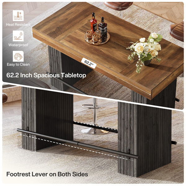 62.2" Industrial Counter Height Bar Table with Metal Footrest