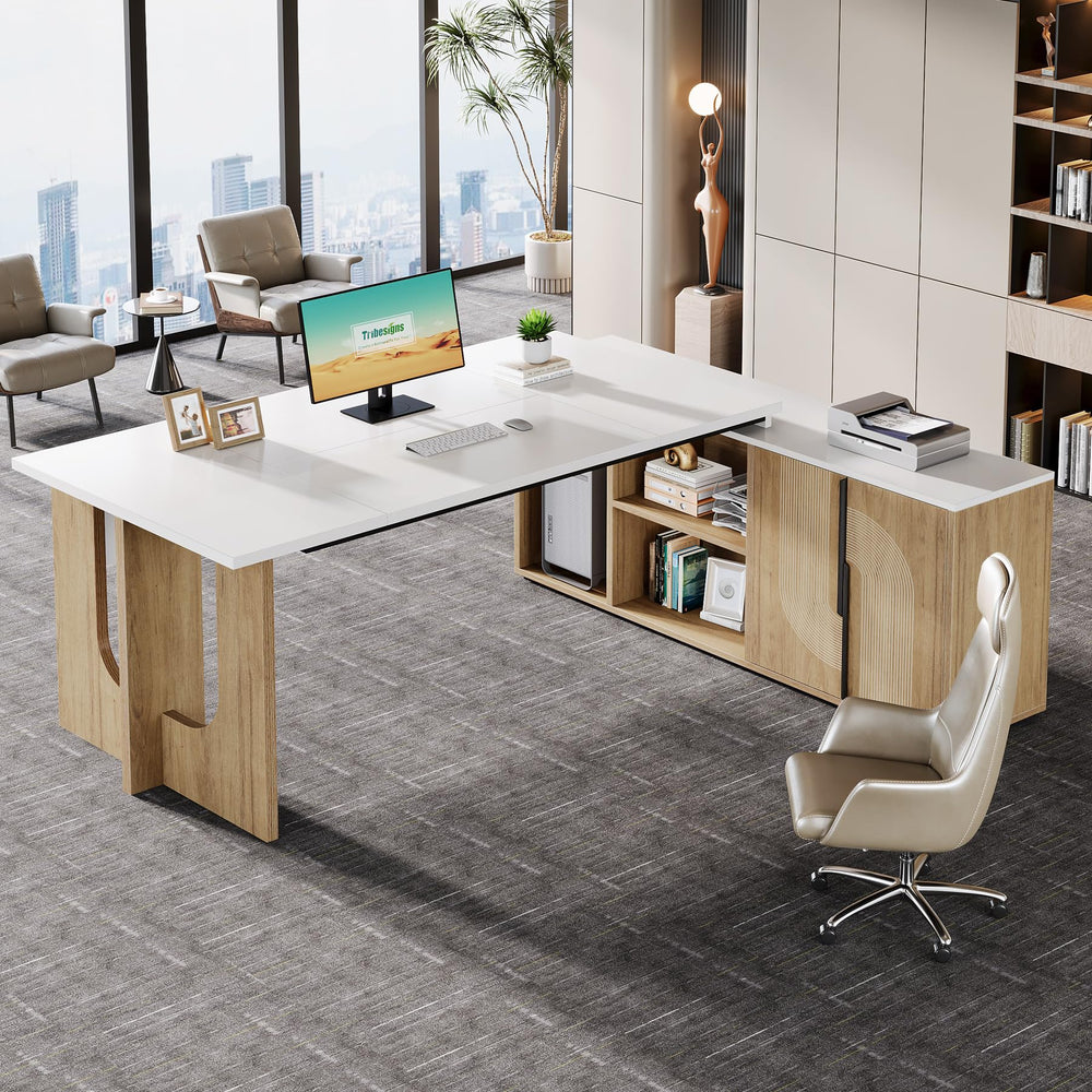 L-Shaped Executive Desk with Cabinet & Storage