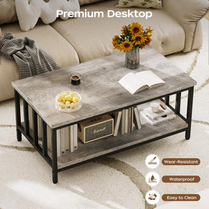 2-Tier Farmhouse Coffee Table with Slatted Sides & Metal Frame