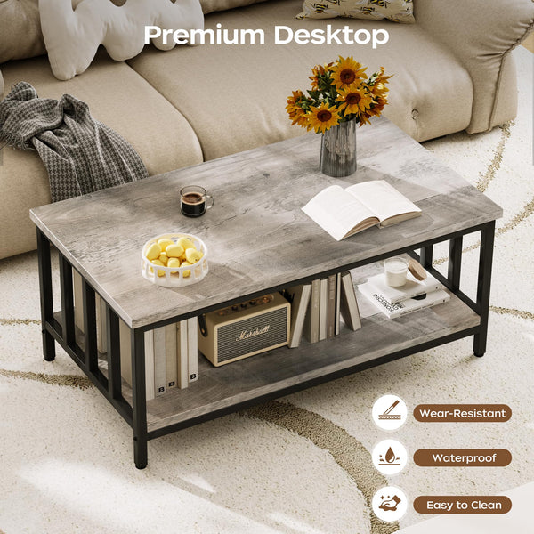 2-Tier Farmhouse Coffee Table with Slatted Sides & Metal Frame