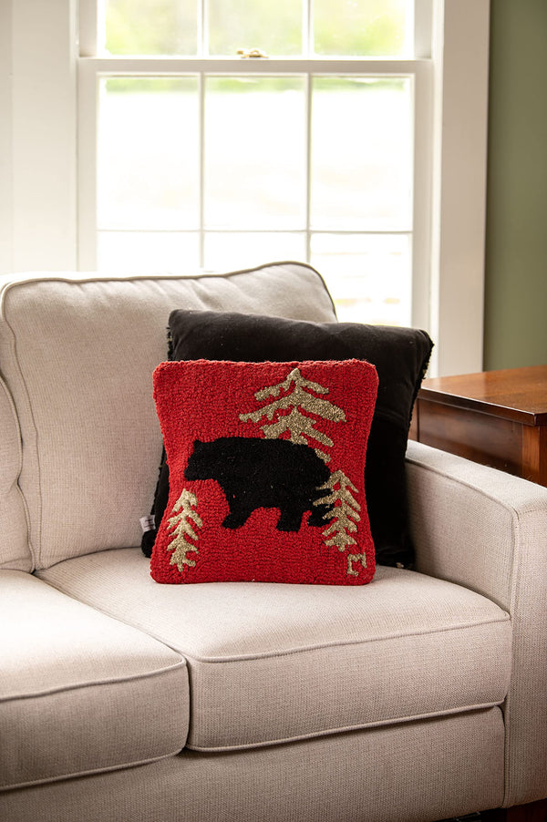 Hand-Hooked Wool Throw Pillow 14x14 – Red Wandering Bear