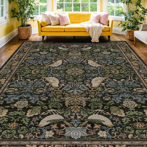 Vintage Floral Bird Area Rug 8x10 – Washable, Non-Slip, Low Pile