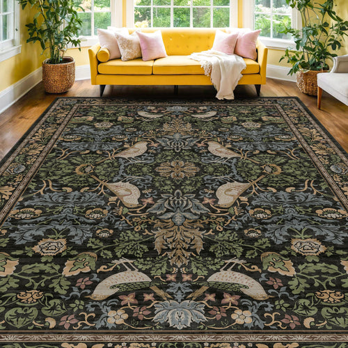 Vintage Floral Bird Area Rug 8x10 – Washable, Non-Slip, Low Pile