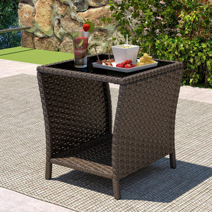 Outdoor Wicker Side Table Set of 2 with Tempered Glass Top & Storage Shelf