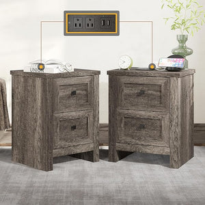 Nightstand Set of 2 with Charging Station & Drawers