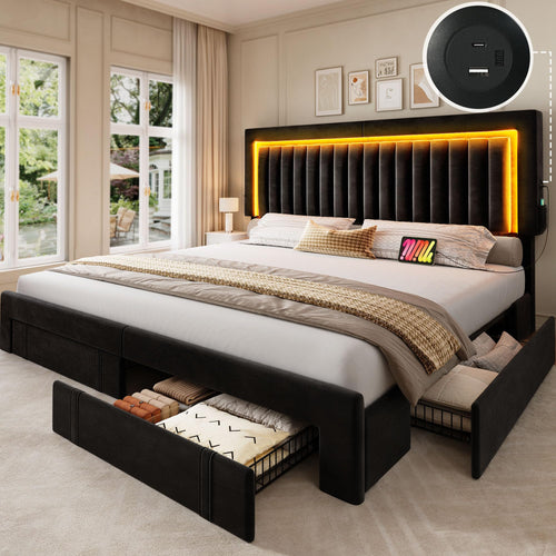 King Size Upholstered Bed Frame with Storage Drawers & RGB LED