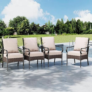 PE Rattan Patio Dining Chairs with Cushions & Metal Frame
