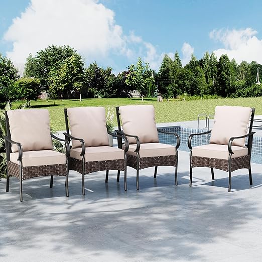PE Rattan Patio Dining Chairs with Cushions & Metal Frame