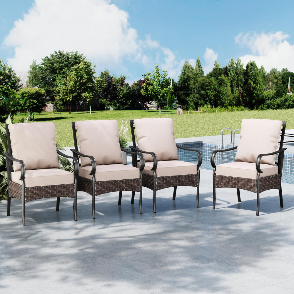 PE Rattan Patio Dining Chairs with Cushions & Metal Frame