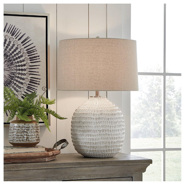 Round Textured Ceramic Table Lamp – Beige
