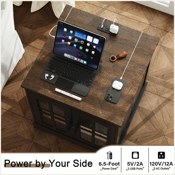 Farmhouse End Table with Charging Station & LED Light