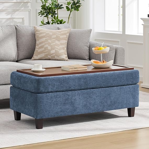 45-Inch Storage Ottoman Bench with Flip-Top Wooden Tray