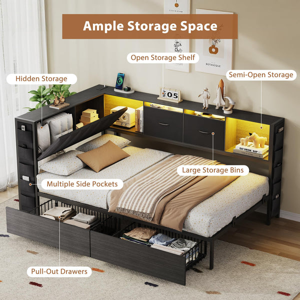 Twin Corner Bed Frame with Storage Headboard, LED Lights & Charging Station
