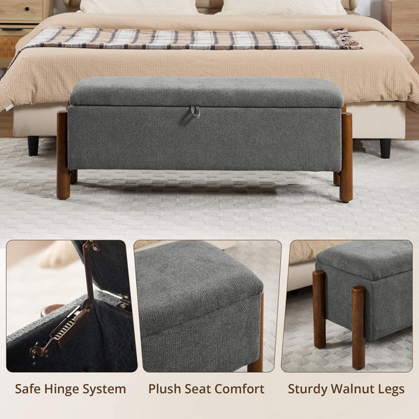 Storage Ottoman Bench with Walnut Legs – 43.7" Upholstered Bedroom Bench
