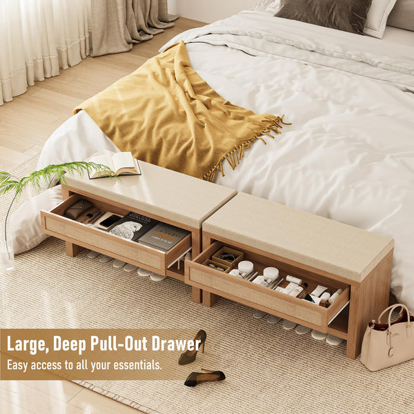 Farmhouse Shoe Bench with Storage Drawer & Linen Cushion