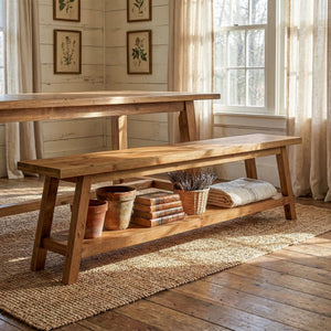 Solid Wood Farmhouse Dining Bench with Storage Shelf