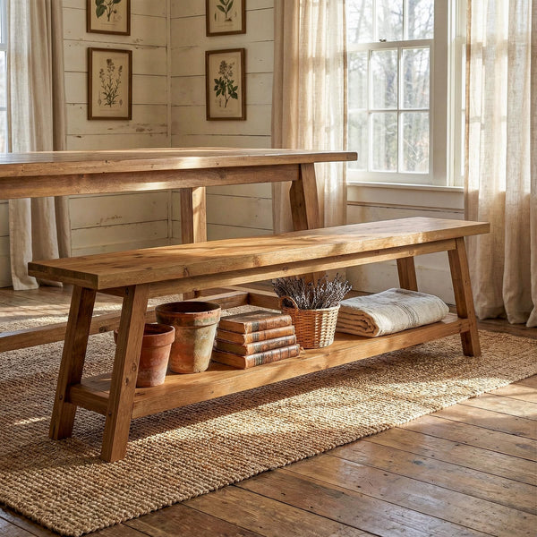 Solid Wood Farmhouse Dining Bench with Storage Shelf