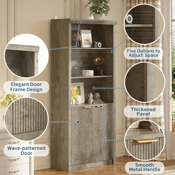 Tall Bookcase with Doors – 5-Tier, 70.87" H, Grey