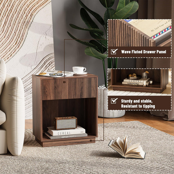Fluted Nightstands Set of 2 with Drawer and Storage Shelf