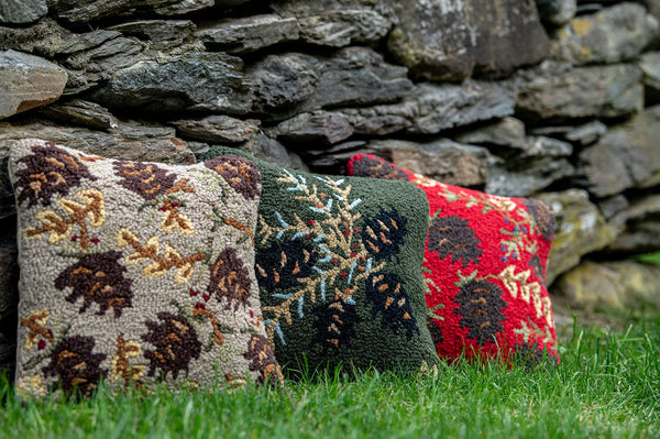 Hand-Hooked Wool Throw Pillow 18x18 – Northwoods Pine Cones, Tan