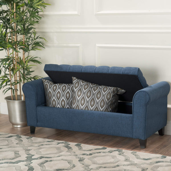 Button-Tufted Fabric Storage Ottoman Bench with Rolled Arms