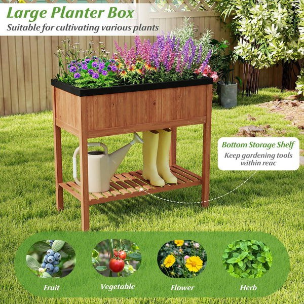 2-Tier Wooden Raised Garden Bed with Storage Shelf