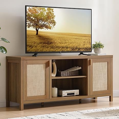 Rattan TV Stand with Storage Cabinets & Adjustable Shelves
