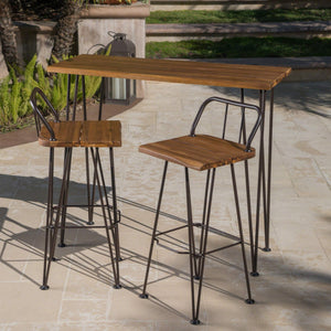 Outdoor Acacia Wood Bar Set with Wrought Iron Frame