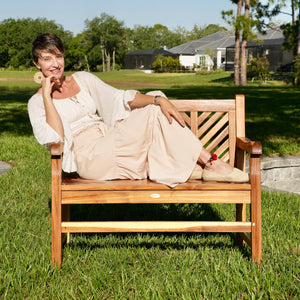 Teak Wood Outdoor Bench with Chevron Backrest
