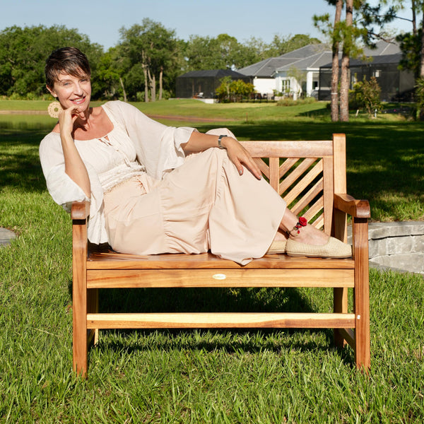 Teak Wood Outdoor Bench with Chevron Backrest
