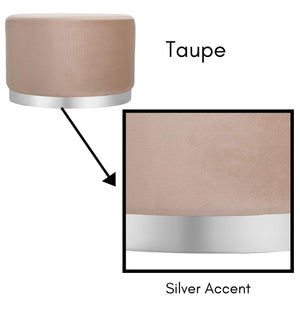 Round Grey Velvet Ottoman Pouf with Silver Trim