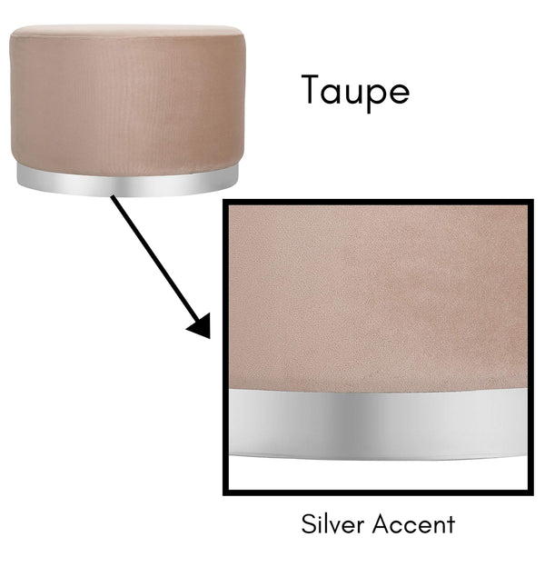 Round Grey Velvet Ottoman Pouf with Silver Trim