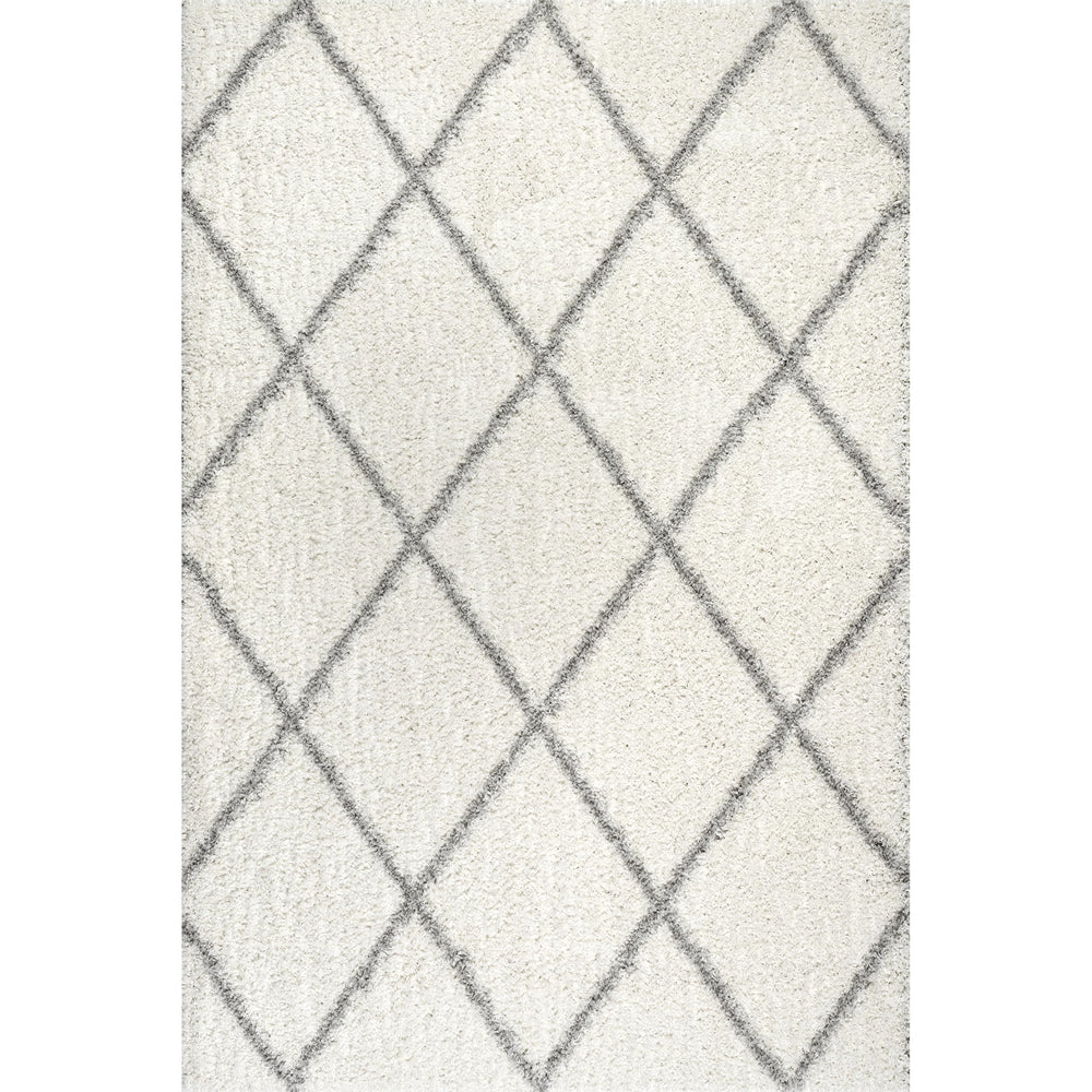 Moroccan Trellis Shag Area Rug 5x8 – Polypropylene, White/Grey