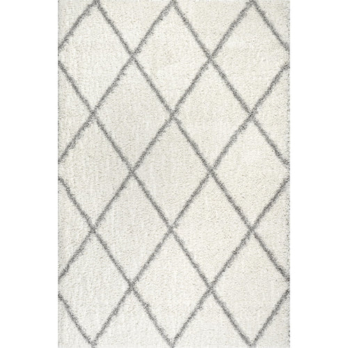 Moroccan Trellis Shag Area Rug 5x8 – Polypropylene, White/Grey