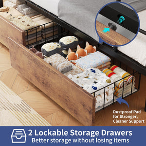 Twin Over Twin Metal Bunk Bed with LED Lights, Storage Drawers & USB Charging