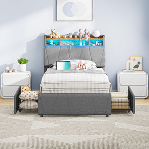 Twin Bed Frame with Storage Drawers, Charging Station & LED Lights
