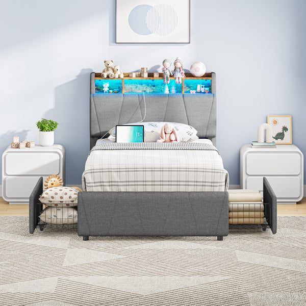 Twin Bed Frame with Storage Drawers, Charging Station & LED Lights