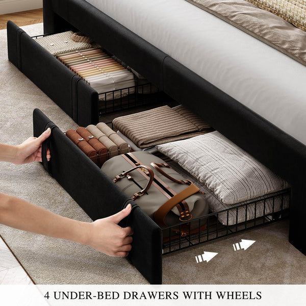 King Size Upholstered Bed Frame with Storage Drawers & RGB LED