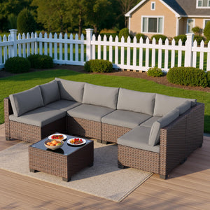7-Piece Outdoor PE Rattan Sectional Sofa Set with Cushions & Glass Coffee Table