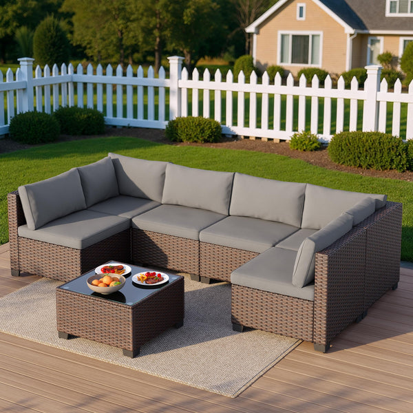 7-Piece Outdoor PE Rattan Sectional Sofa Set with Cushions & Glass Coffee Table