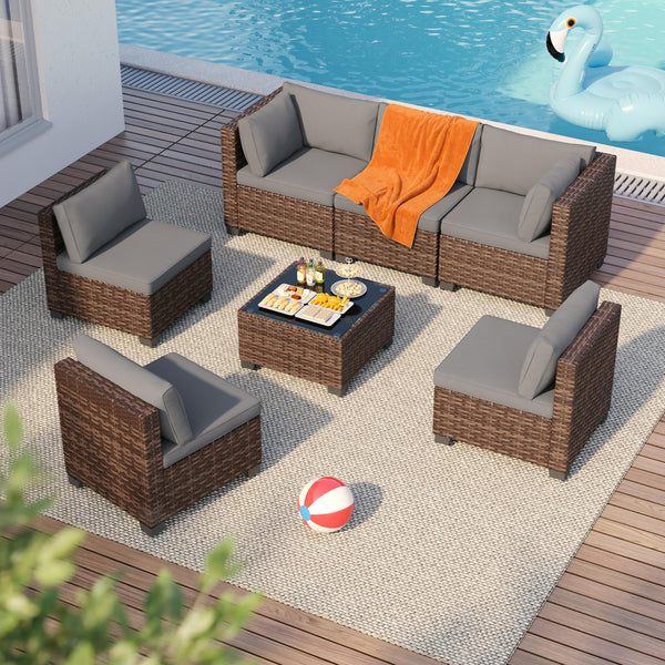 7-Piece Outdoor Sectional Sofa Set with Cushions & Glass Coffee Table