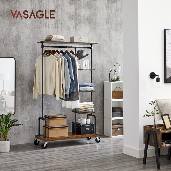Industrial Clothing Rack with Wheels & 5-Tier Shelves