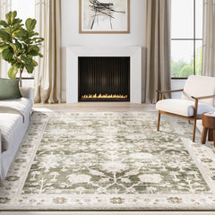 Vintage Green Floral Farmhouse Washable Area Rug