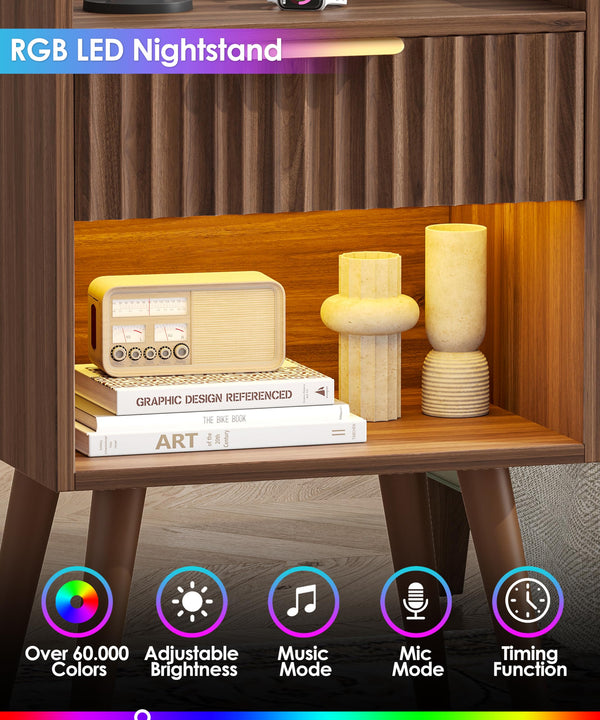 Nightstand Set of 2 with Charging Station, Drawer & RGB LED – Walnut