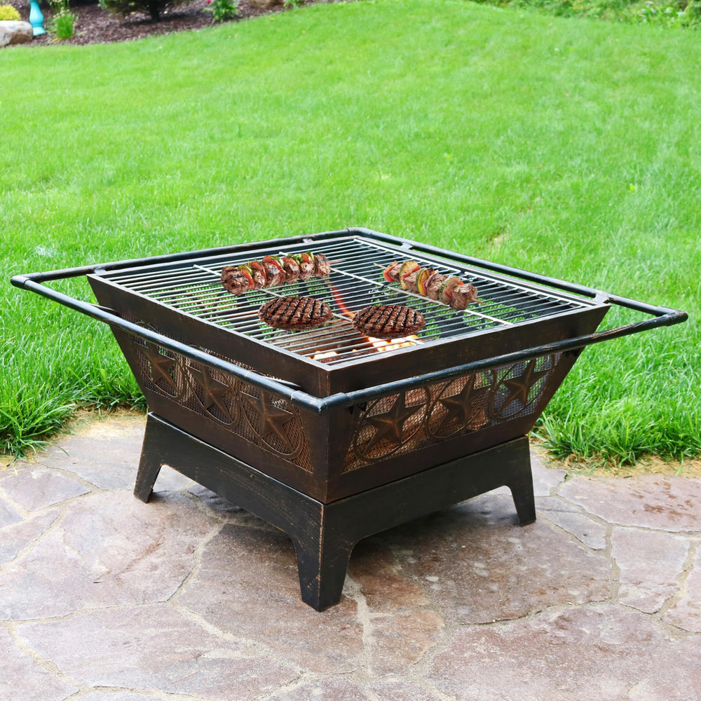 Square Outdoor Wood-Burning Fire Pit with Grill Grate, Spark Screen & Poker